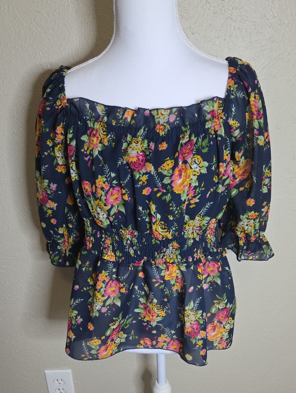 Floral Smocked Peasant Blouse - Navy with Pink & Yellow Flowers, LG, $78.00